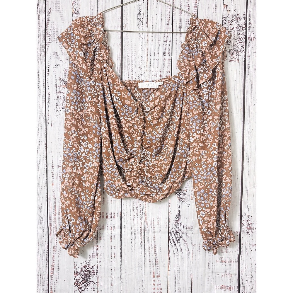 ASTR Brown Floral Smocked Blouse Medium Cottagecore Romantic Boho Top